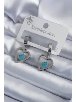   Gümüş Kalp Model Mavi Taş Detay Çelik Küpe