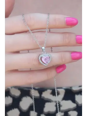 316L Çelik Gümüş Renk Kalp Model Zirkon Taşlı Kadın Kolye