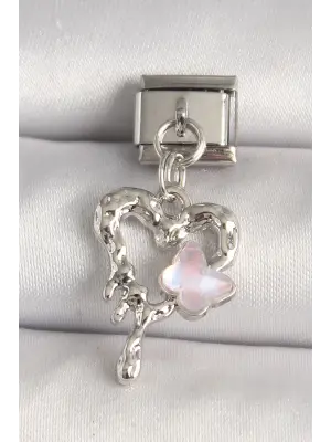 316L Çelik Gümüş Renk Kalp Pembe Mineli Kelebek Detay Nomination Charm