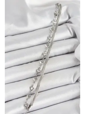 316L Çelik Gümüş Renk Kalpli Zincir ve İtalyan Zincirli 2li Kadın Bileklik