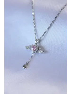  Gümüş  Kanatlı Kalp Figür Zirkon Taş Detay  Çelik Kolye