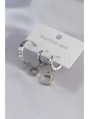 316L Çelik Gümüş Renk Kare Figür Zirkon Taş Detay Kadın Küpe Kombini