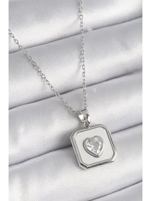  Gümüş  Kare Madalyon Kalp Zirkon Taş İşleme  Çelik Kolye