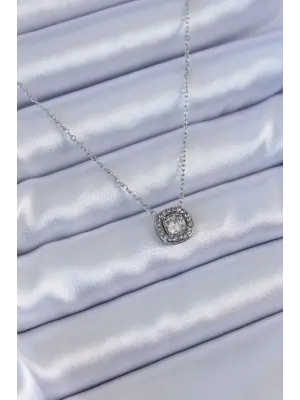  Gümüş  Kare Zirkon Taş Model  Çelik Kolye