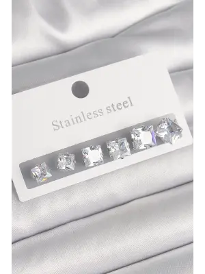   Gümüş Kare Zirkon Taşlı Çelik Küpe Seti