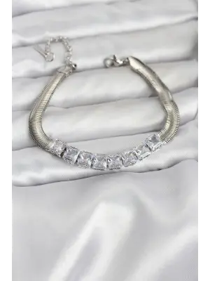 316L Çelik Gümüş Renk Kare Zirkon Taşlı Yılan Zincirli Kadın Bileklik