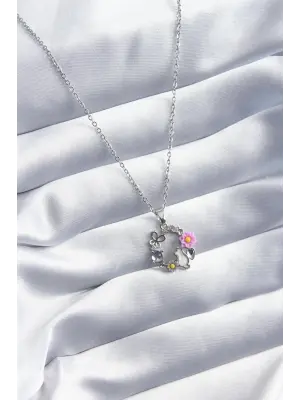  Gümüş  Kedi Çiçek Kelebek Figür  Çelik Kolye