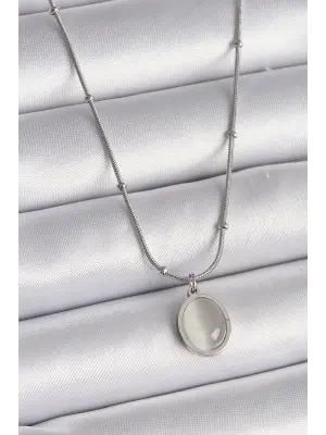  Gümüş  Kedi Gözü Sedefli Oval Model  Çelik Kolye