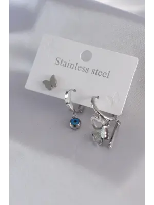 316L Çelik Gümüş Renk Kelebek Figür Kalp Detay Kadın Küpe Kombini