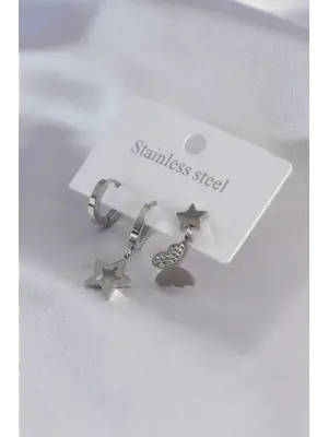 316L Çelik Gümüş Renk Kelebek Figür Zirkon Taş Detay Kadın Küpe Kombini