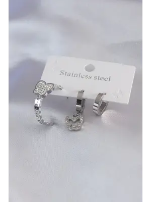 316L Çelik Gümüş Renk Kelebek Model Zirkon Taşlı Kadın Küpe Kombini