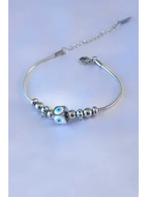 316L Çelik Gümüş Renk Küp Nazar Boncuk Model Kadın Bileklik