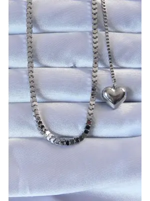  Gümüş  Küp Zincirli Kalpli Çelik Kolye