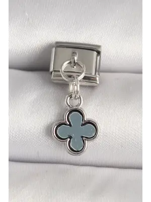 316L Çelik Gümüş Renk Lacivert Mineli Yonca Model Nomination Charm