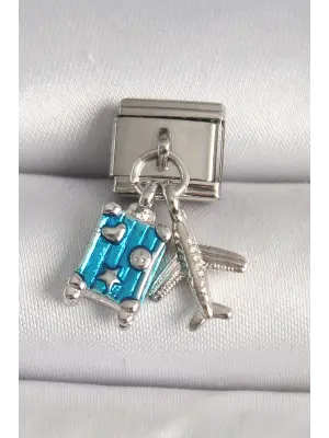 316L Çelik Gümüş Renk Mavi Bavul Uçak Model Nomination Charm