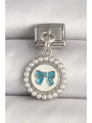 316L Çelik Gümüş Renk Mavi Fiyonk İşlemeli İnci Detaylı Nomination Charm