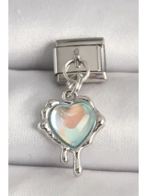 316L Çelik Gümüş Renk Mavi Hologram Mineli Eriyen Kalp Model Nomination Charm