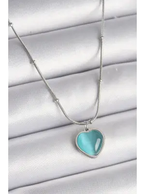  Gümüş  Mavi Kedi Gözü Sedefli Kalp Model  Çelik Kolye