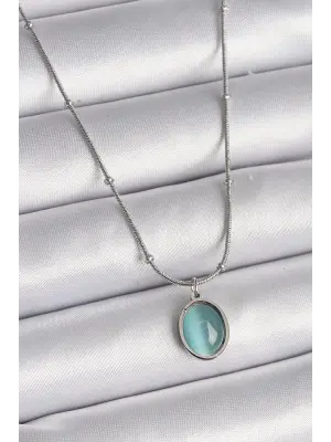  Gümüş  Mavi Kedi Gözü Sedefli Oval Model  Çelik Kolye