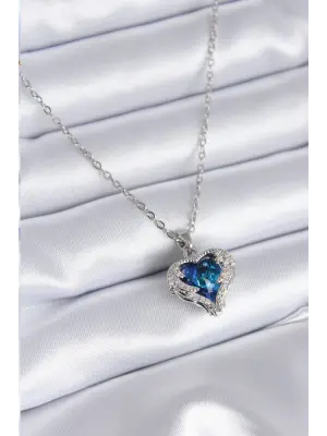  Gümüş  Mavi Kristal Kalp Model Zirkon Taşlı  Çelik Kolye