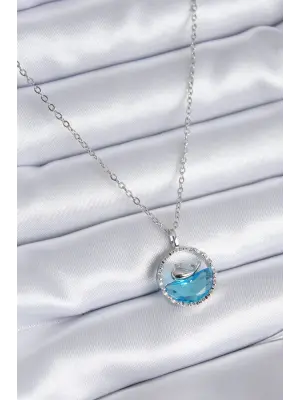  Gümüş  Mavi Kristal Taşlı Balina Model  Çelik Kolye