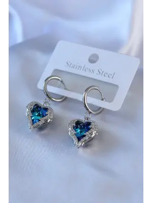   Gümüş Mavi Kristal Taşlı Kalp Model Zirkon Taşlı Çelik Küpe
