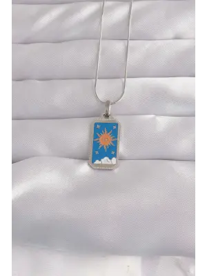 Gümüş  Mavi Mineli Güneş Model Tarot Çelik Kolye