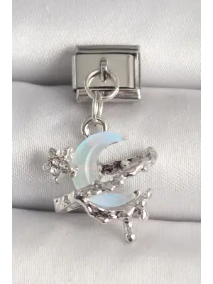 316L Çelik Gümüş Renk Mavi Mineli Hilal Model Nomination Charm