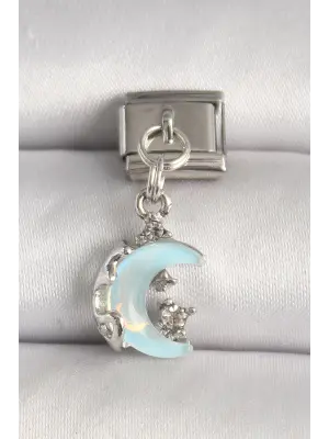 316L Çelik Gümüş Renk Mavi Mineli Hilal Model Zirkon Taş Detay Nomination Charm