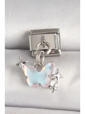 316L Çelik Gümüş Renk Mavi Mineli Kelebek Model Yıldız Detay Nomination Charm