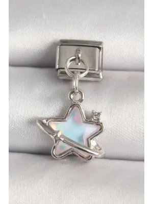 316L Çelik Gümüş Renk Mavi Mineli Yıldız Model Zirkon Taş Detay Nomination Charm