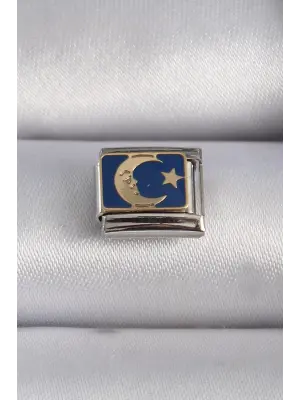 316L Çelik Gümüş Renk Mavi Sarı Ay Yıldız İşlemeli Nomination Charm