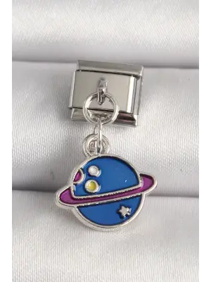 316L Çelik Gümüş Renk Mavi Satürn Model Nomination Charm