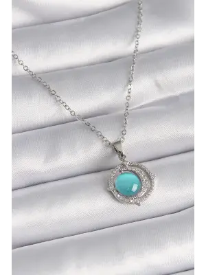  Gümüş  Mavi Sedefli Hilal Model  Çelik Kolye