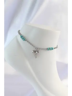 316L Çelik Gümüş Renk Mavi Taş Detay Kalpli Halhal