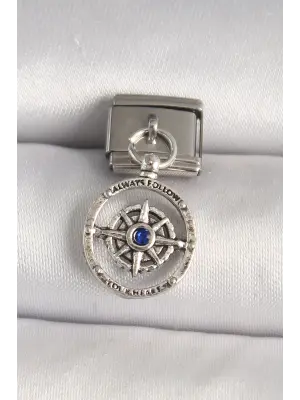 316L Çelik Gümüş Renk Mavi Taş Detaylı Pusula Model Nomination Charm