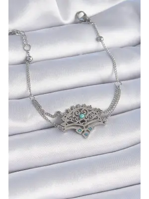 316L Çelik Gümüş Renk Mavi Taşlı Etnik Desen Kadın Bileklik