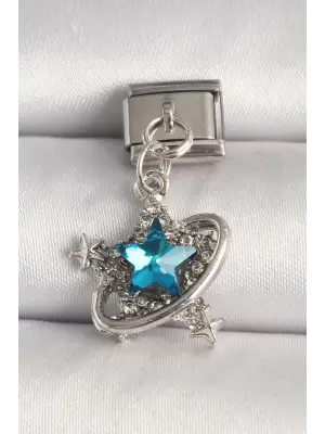 316L Çelik Gümüş Renk Mavi Zirkon Taşlı Yıldız Model Nomination Charm