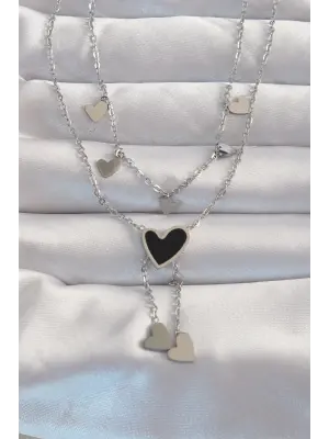  Gümüş  Mineli Çoklu Kalp Çelik Kolye