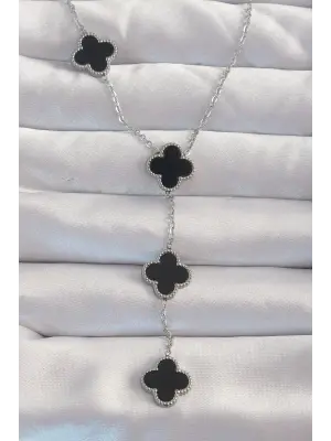  Gümüş  Mineli Sallantılı Zincir Yonca Çelik Kolye