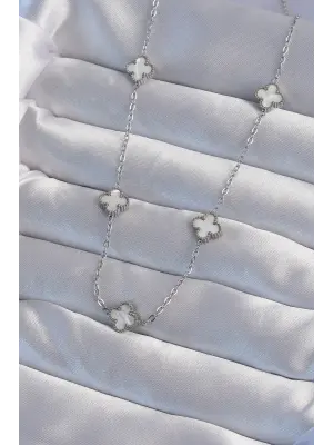  Gümüş  Minimal Beyaz Sedefli Yonca Çelik Kolye