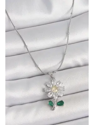 316L Çelik Gümüş Renk Minimal Topçuk Zincir Zirkon Taşlı Papatya Model Kadın Kolye