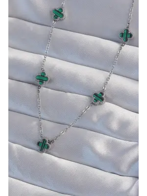  Gümüş  Minimal Yeşil Mineli Yonca Çelik Kolye