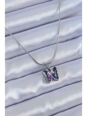  Gümüş  Mor Kristal Taşlı Kelebek Model  Çelik Kolye