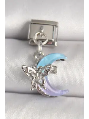 316L Çelik Gümüş Renk Mor Mavi Mix Mineli Hilal Kelebek Figür Zirkon Taş Detaylı Nomination Charm