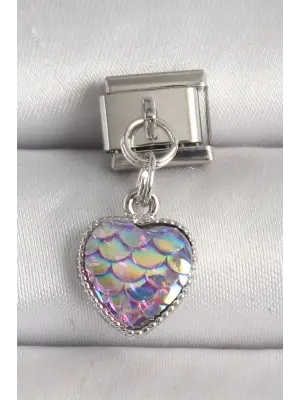 316L Çelik Gümüş Renk Mor Pullu Kalp Model Nomination Charm