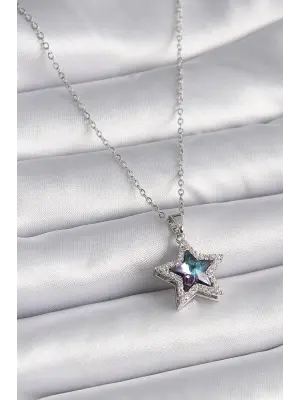  Gümüş  Mor Zirkon Taşlı Yıldız Model  Çelik Kolye