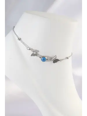 316L Çelik Gümüş Renk Nazar Boncuk Detay Kelebek Halhal