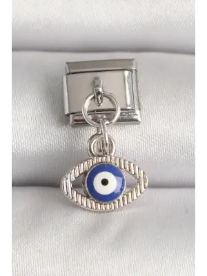 316L Çelik Gümüş Renk Nazar Boncuk Detaylı Göz Model Nomination Charm