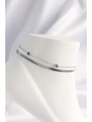 316L Çelik Gümüş Renk Nazar Boncuk Tasarımlı 2li Halhal